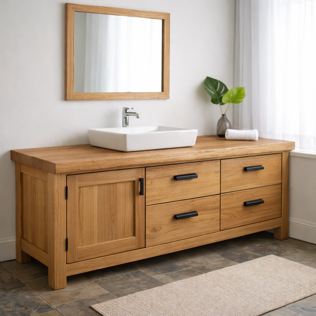Solid Wood Bathroom Vanity with 4 Drawers & Side Cabinet Door