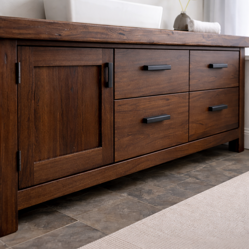 Solid Wood Bathroom Vanity with 4 Drawers & Side Cabinet Door