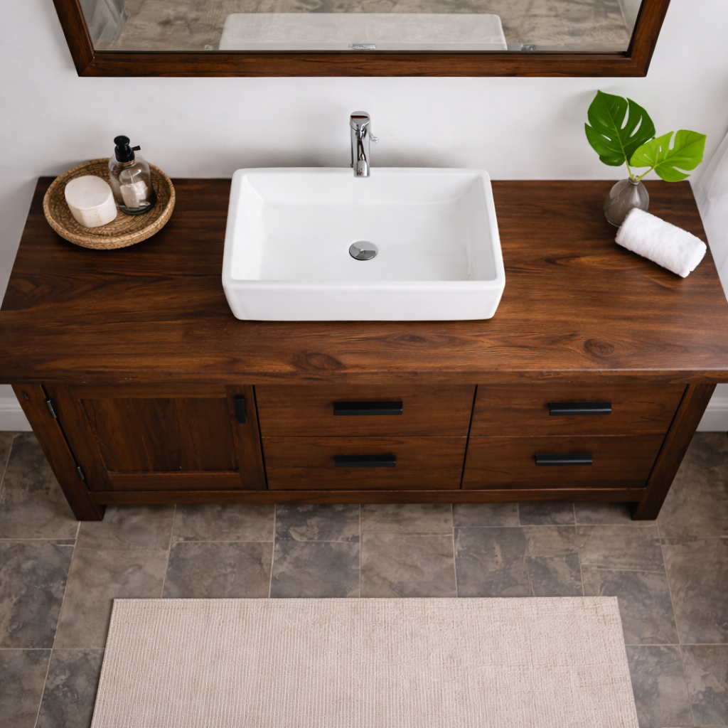 Solid Wood Bathroom Vanity with 4 Drawers & Side Cabinet Door
