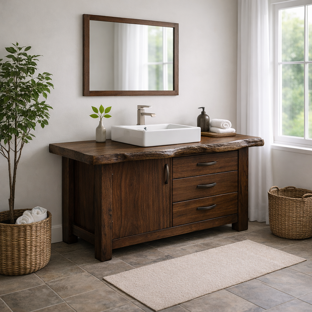 Live Edge Solid Wood Bathroom Vanity with Cabinet & 3 Drawers