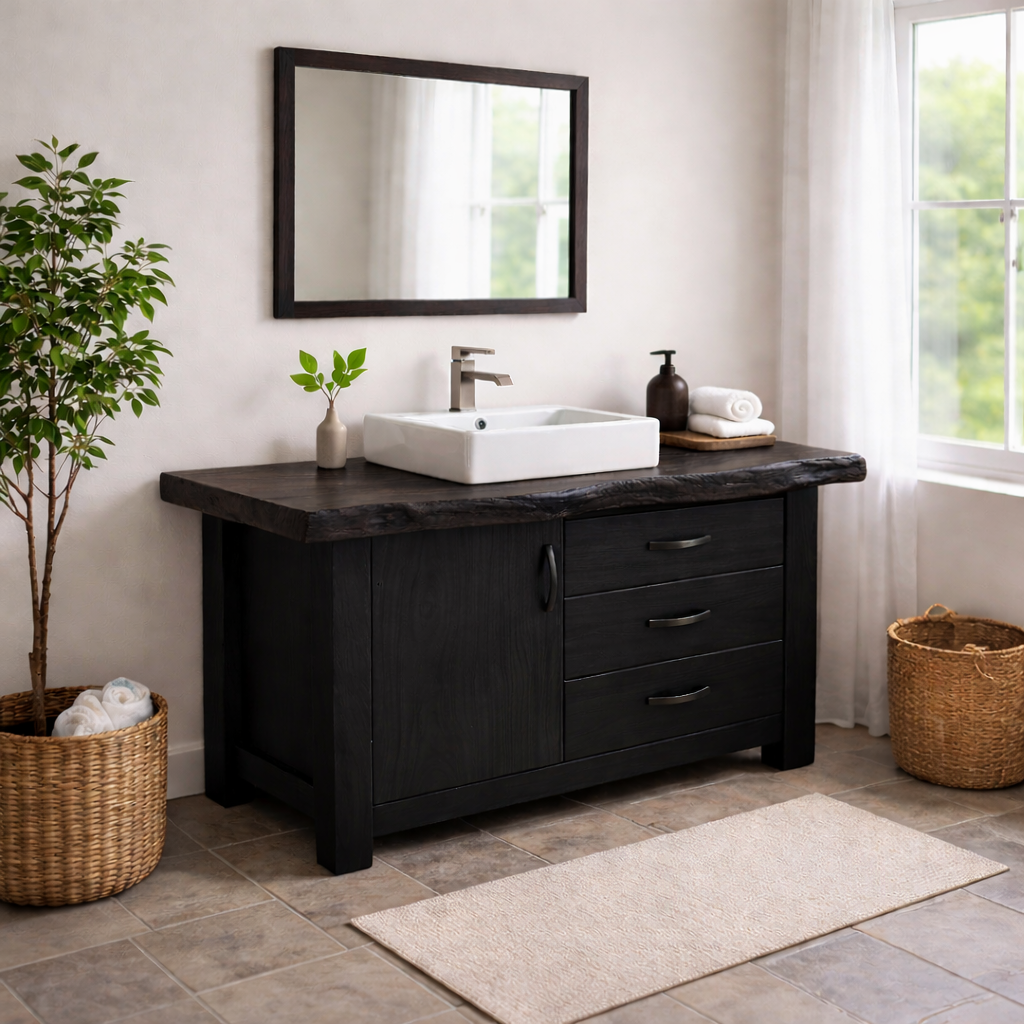 Live Edge Solid Wood Bathroom Vanity with Cabinet & 3 Drawers