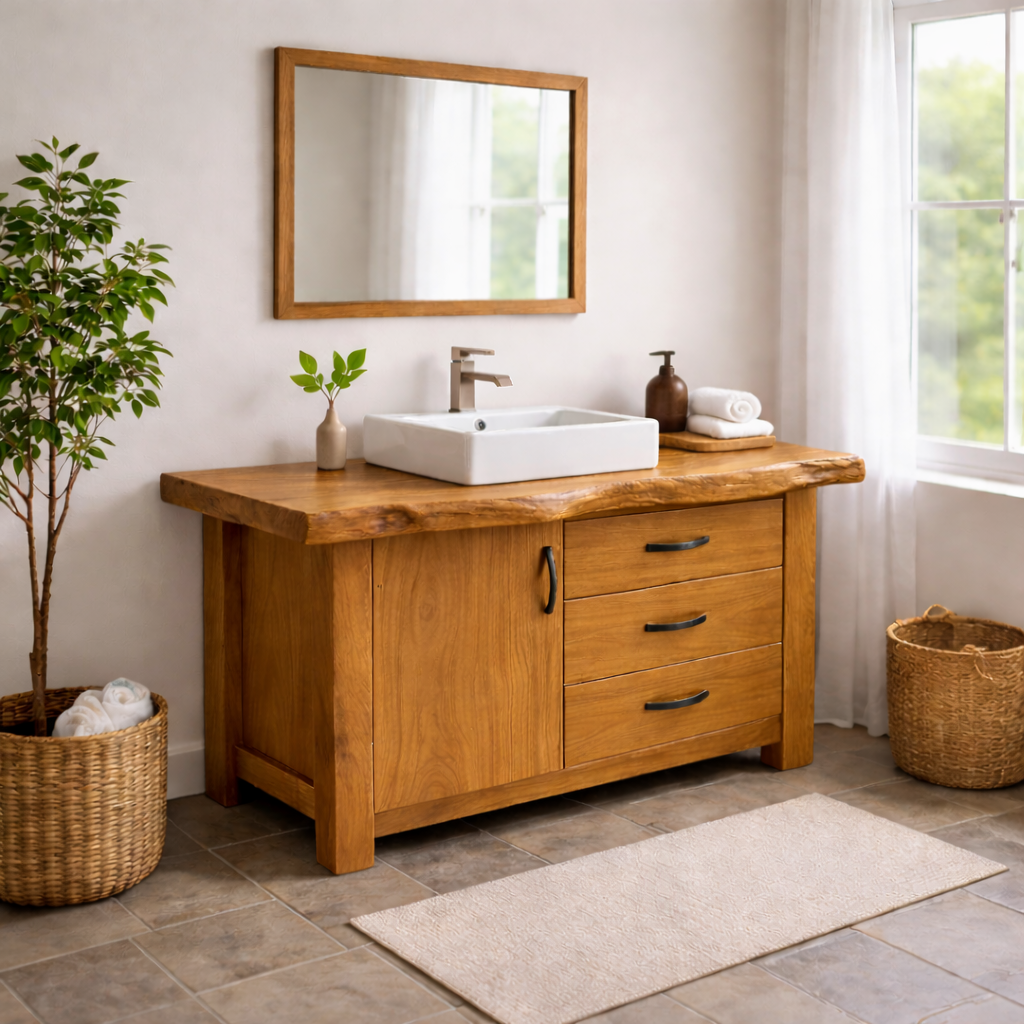 Live Edge Solid Wood Bathroom Vanity with Cabinet & 3 Drawers