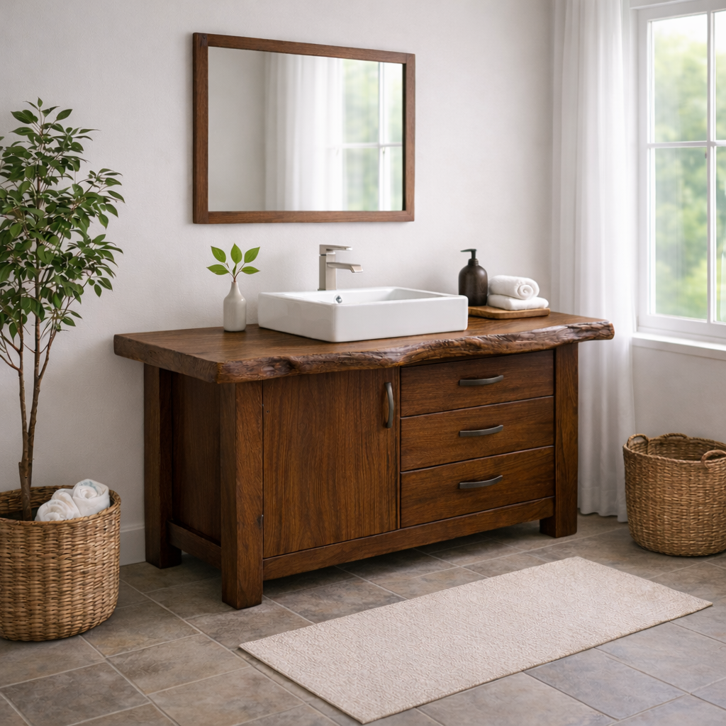 Live Edge Solid Wood Bathroom Vanity with Cabinet & 3 Drawers