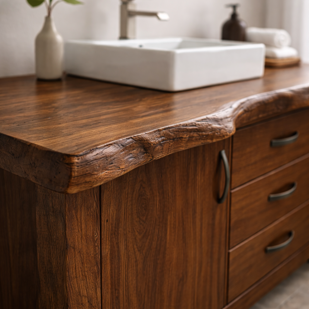 Live Edge Solid Wood Bathroom Vanity with Cabinet & 3 Drawers