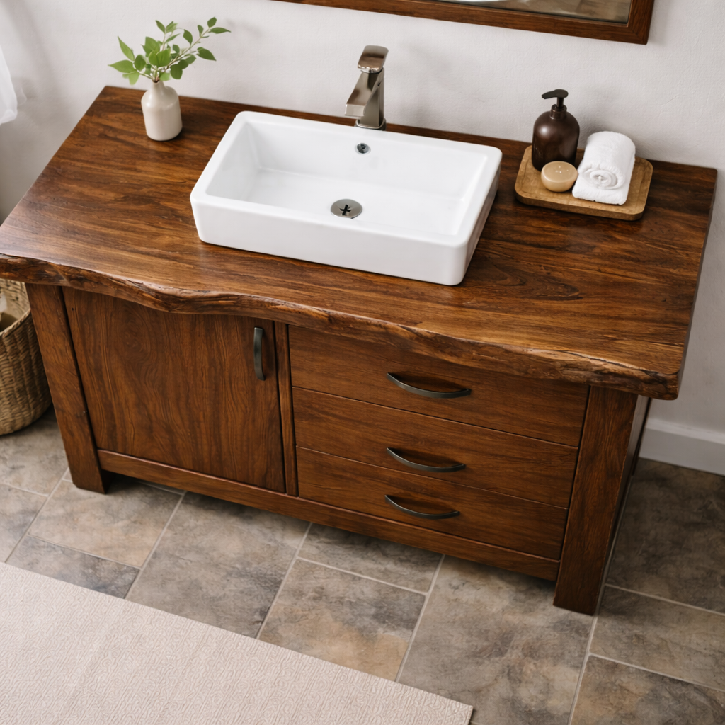 Live Edge Solid Wood Bathroom Vanity with Cabinet & 3 Drawers