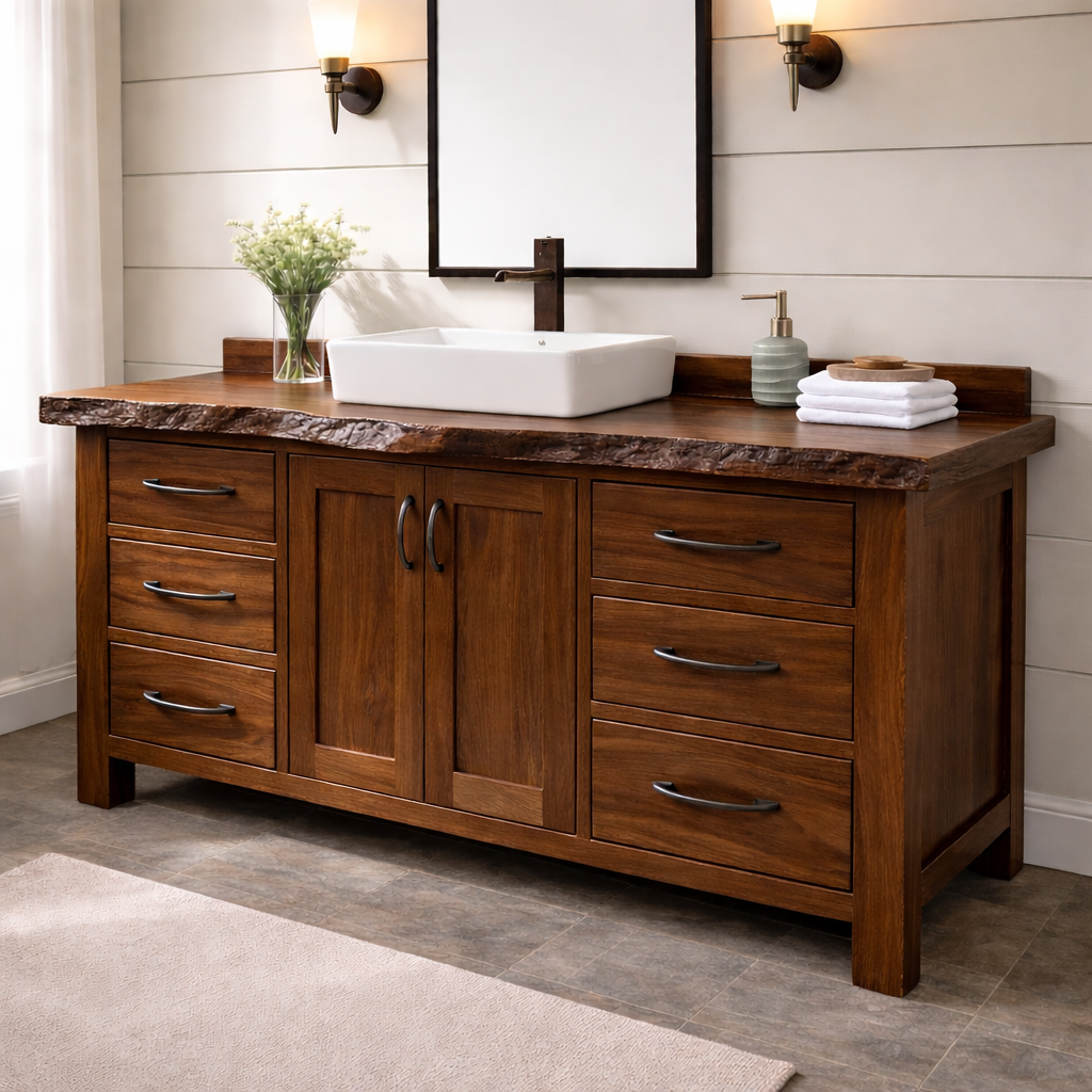Live Edge Solid Wood Bathroom Vanity with 6 Drawers & Double Doors