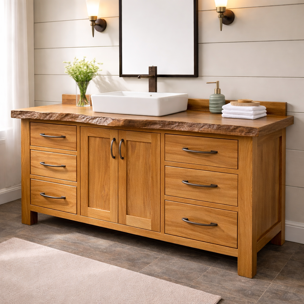 Live Edge Solid Wood Bathroom Vanity with 6 Drawers & Double Doors