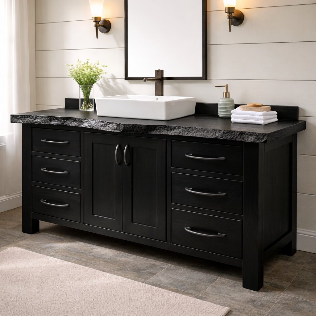 Live Edge Solid Wood Bathroom Vanity with 6 Drawers & Double Doors