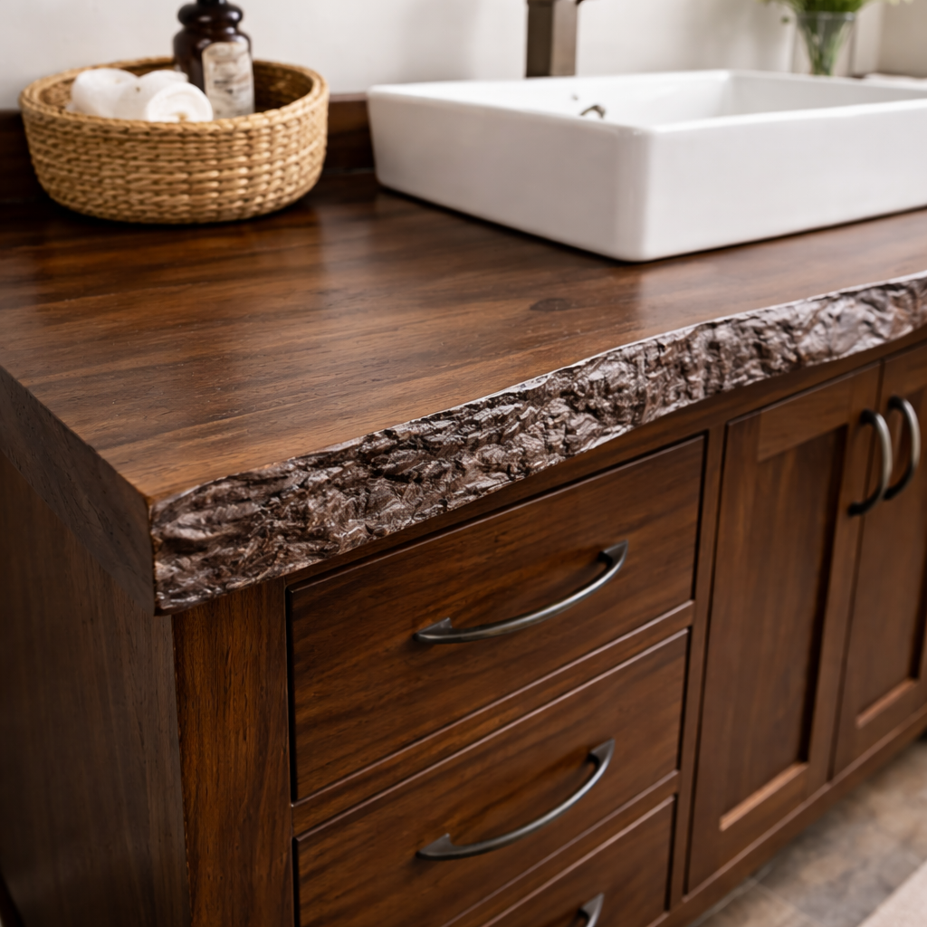 Live Edge Solid Wood Bathroom Vanity with 6 Drawers & Double Doors