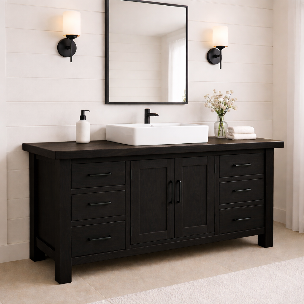Solid Wood Bathroom Vanity with 6 Drawers & Double Door Cabinet