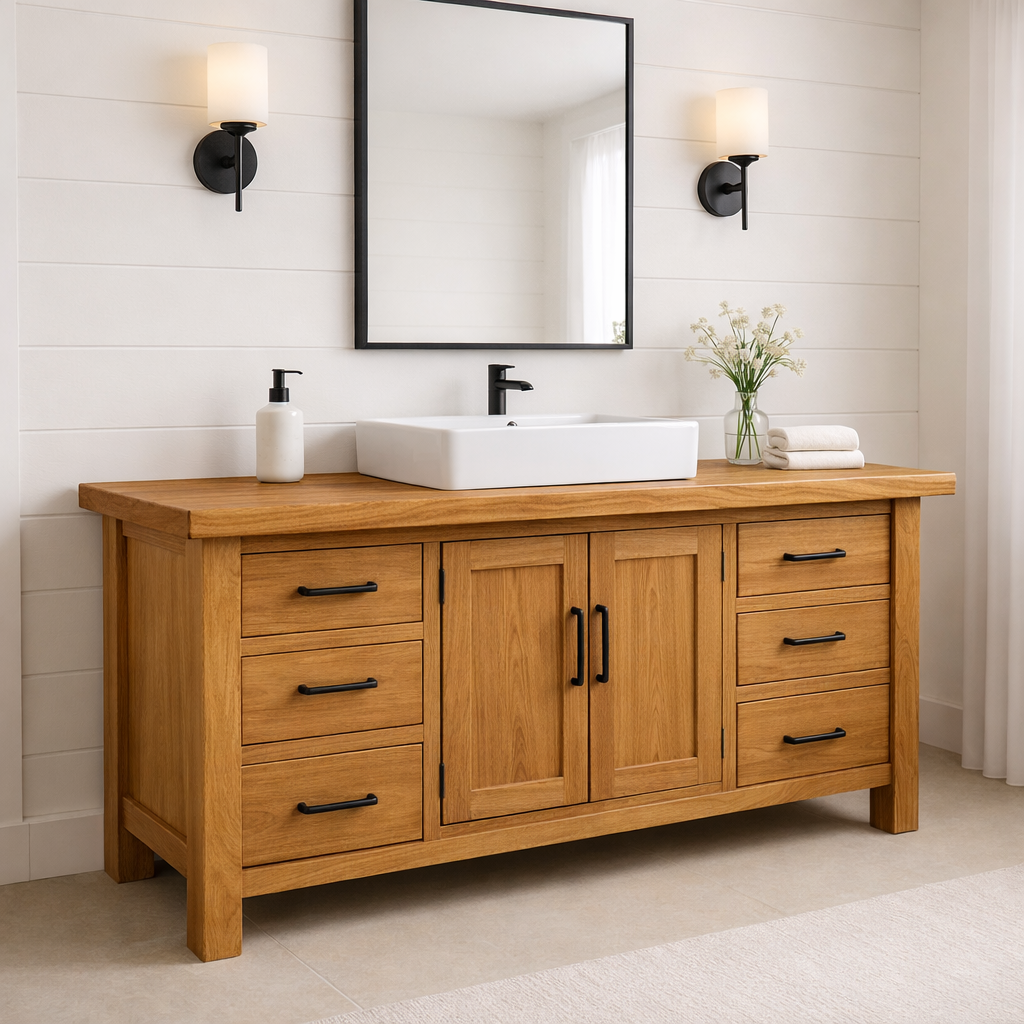 Solid Wood Bathroom Vanity with 6 Drawers & Double Door Cabinet