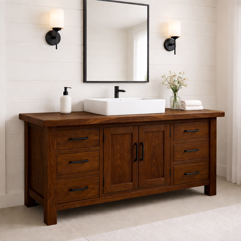 Solid Wood Bathroom Vanity with 6 Drawers & Double Door Cabinet