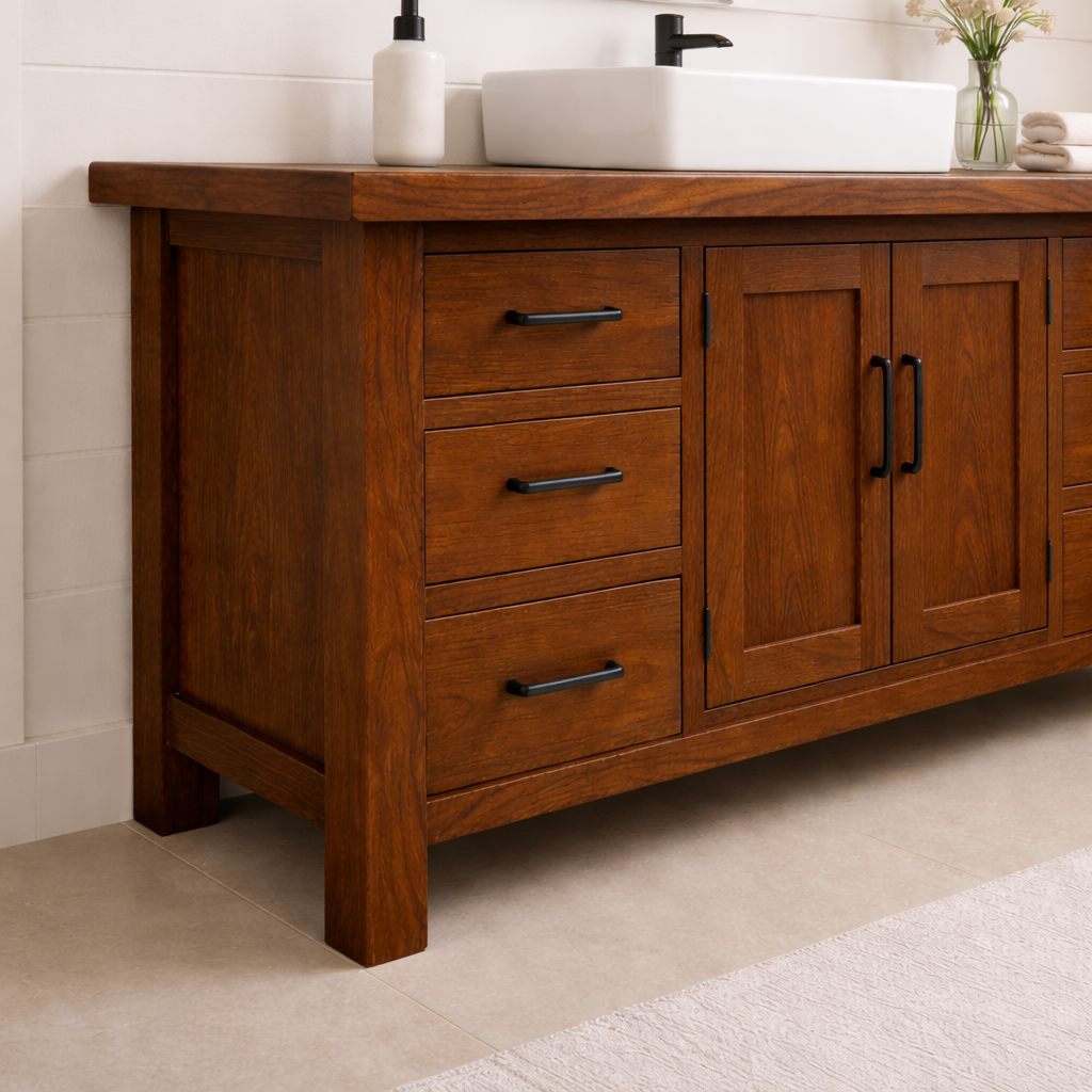 Solid Wood Bathroom Vanity with 6 Drawers & Double Door Cabinet
