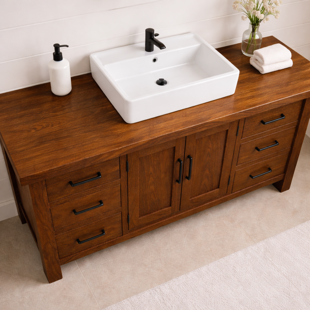 Solid Wood Bathroom Vanity with 6 Drawers & Double Door Cabinet
