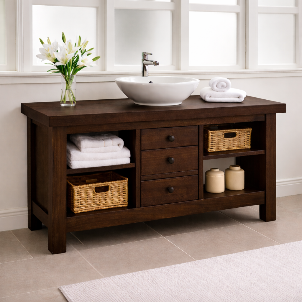 Solid Wood Bathroom Vanity with 3 Drawers & Open Shelf Storage