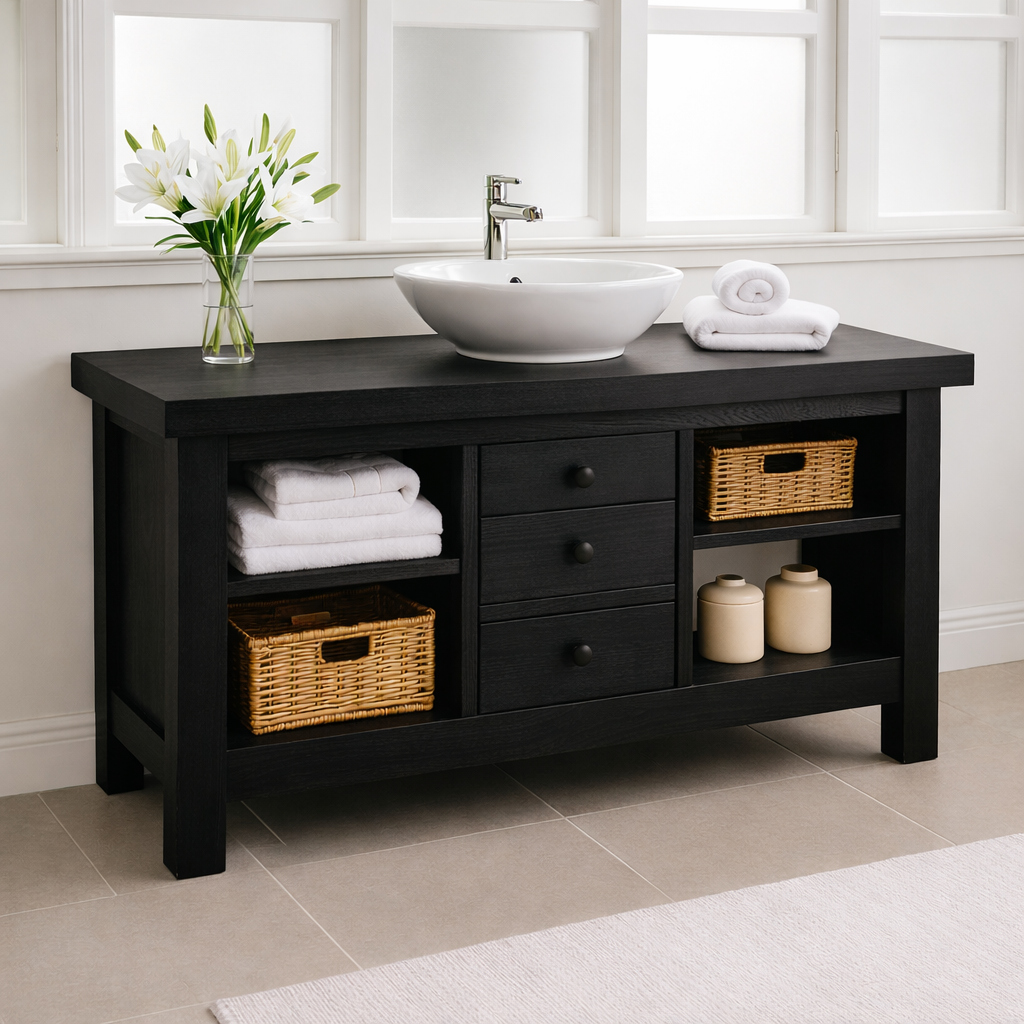 Solid Wood Bathroom Vanity with 3 Drawers & Open Shelf Storage