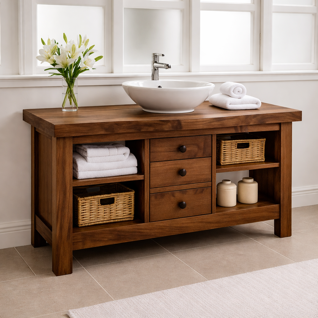 Solid Wood Bathroom Vanity with 3 Drawers & Open Shelf Storage