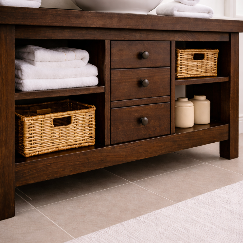 Solid Wood Bathroom Vanity with 3 Drawers & Open Shelf Storage