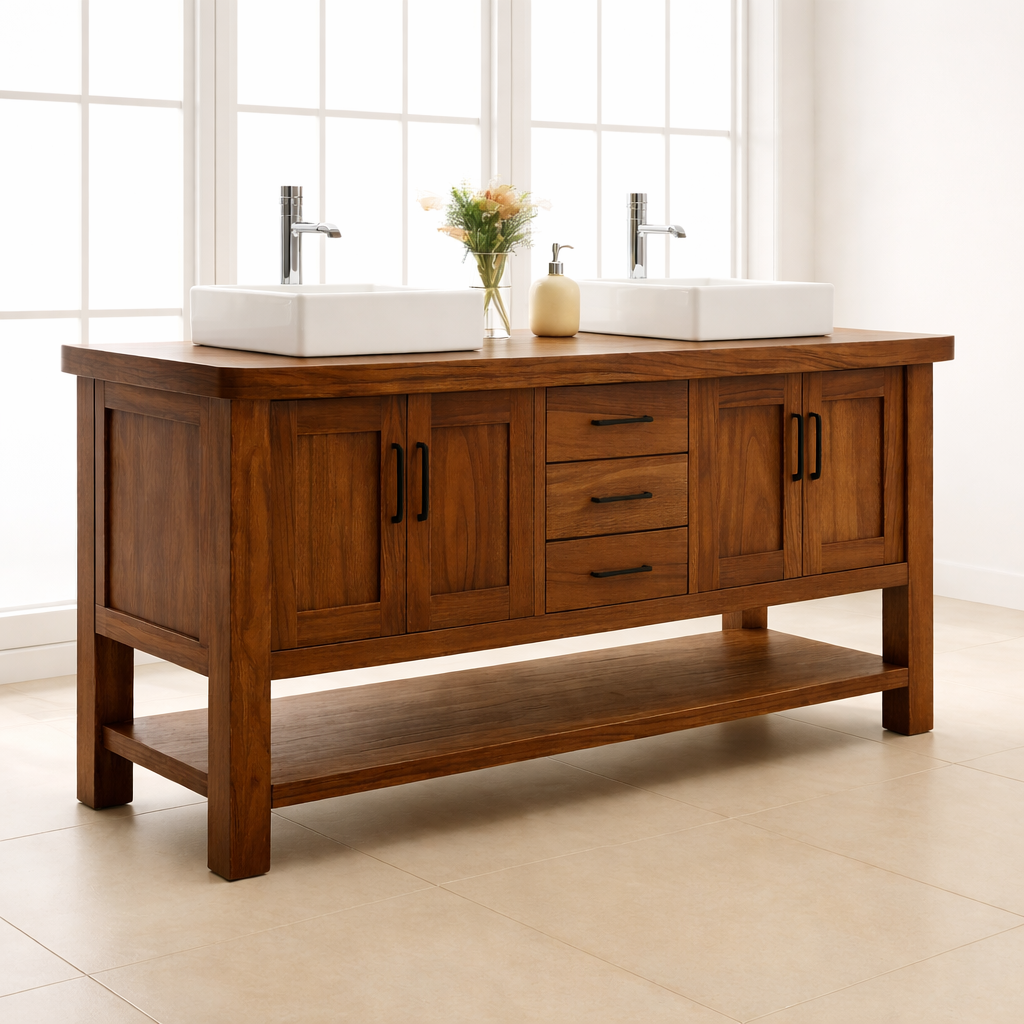 Solid Wood Double Bathroom Vanity with Drawers, Cabinets & Open Shelf