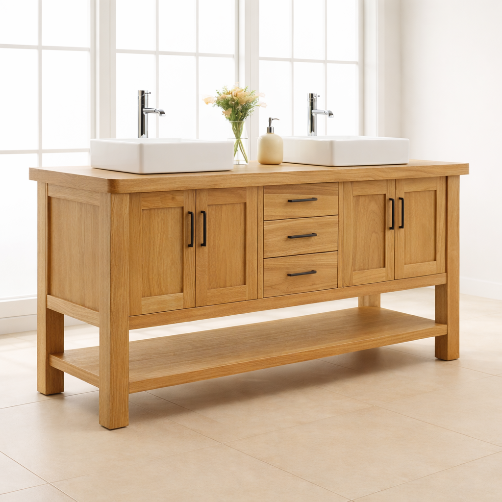 Solid Wood Double Bathroom Vanity with Drawers, Cabinets & Open Shelf