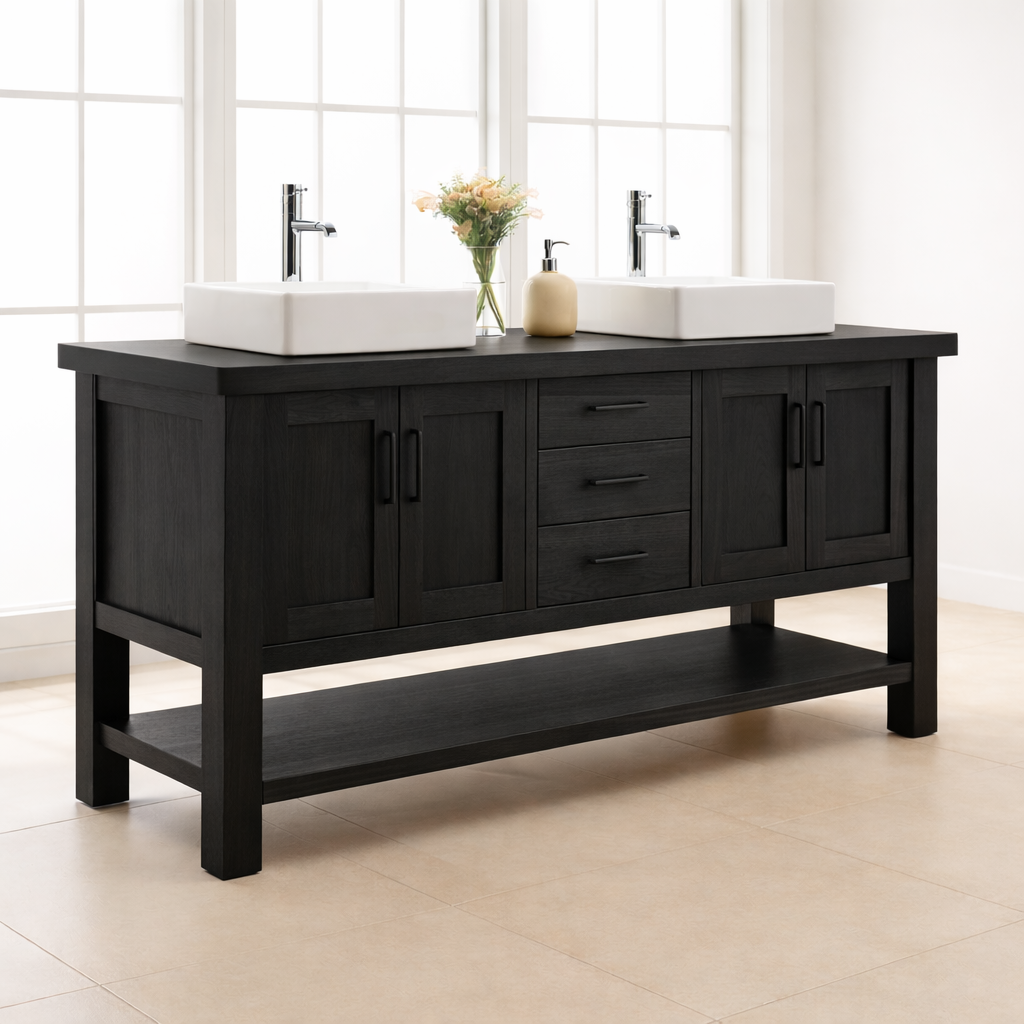 Solid Wood Double Bathroom Vanity with Drawers, Cabinets & Open Shelf