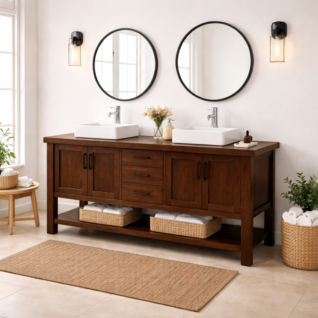 Solid Wood Double Bathroom Vanity with Drawers, Cabinets & Open Shelf