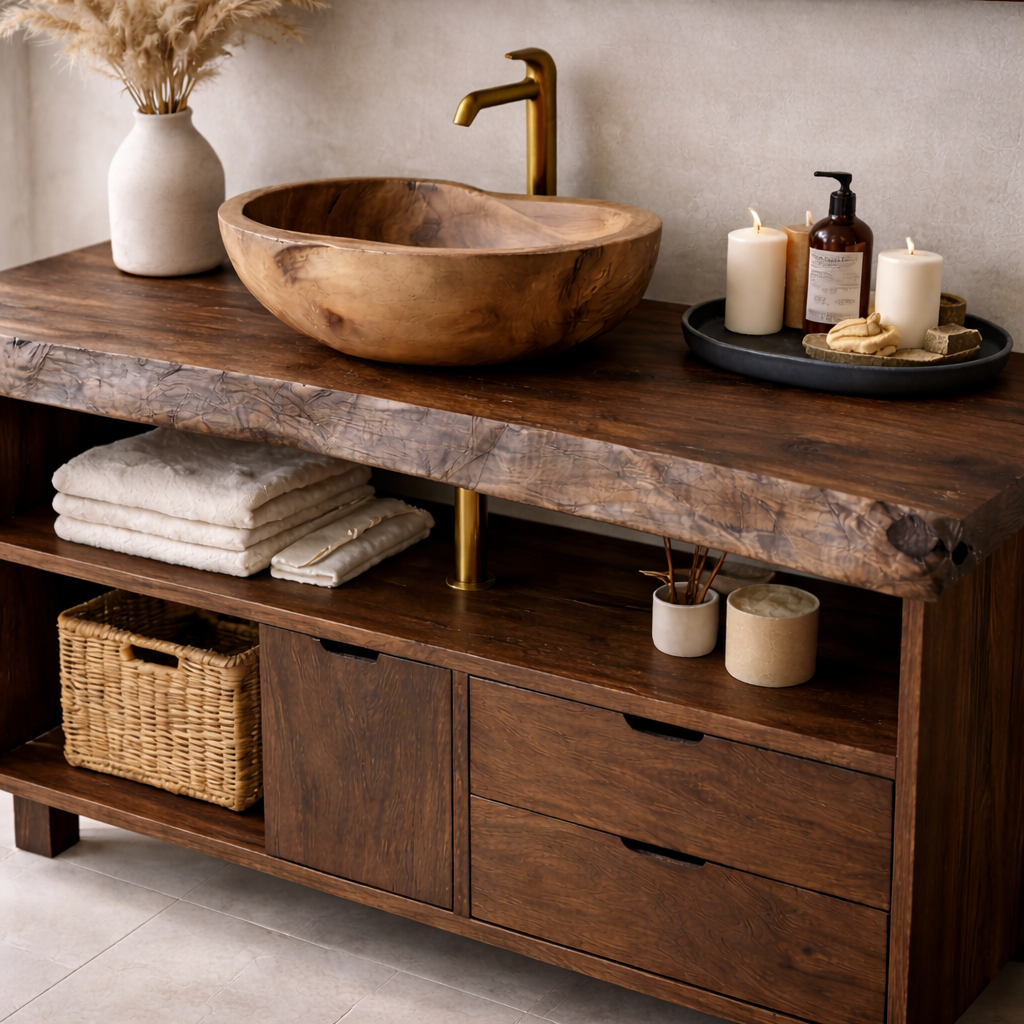 Solid Wood Bathroom Vanity with Live Edge Top & Open Shelf Storage