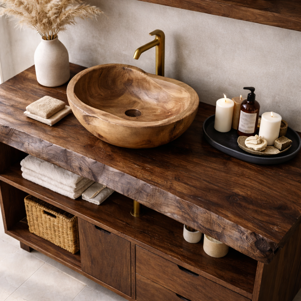 Solid Wood Bathroom Vanity with Live Edge Top & Open Shelf Storage