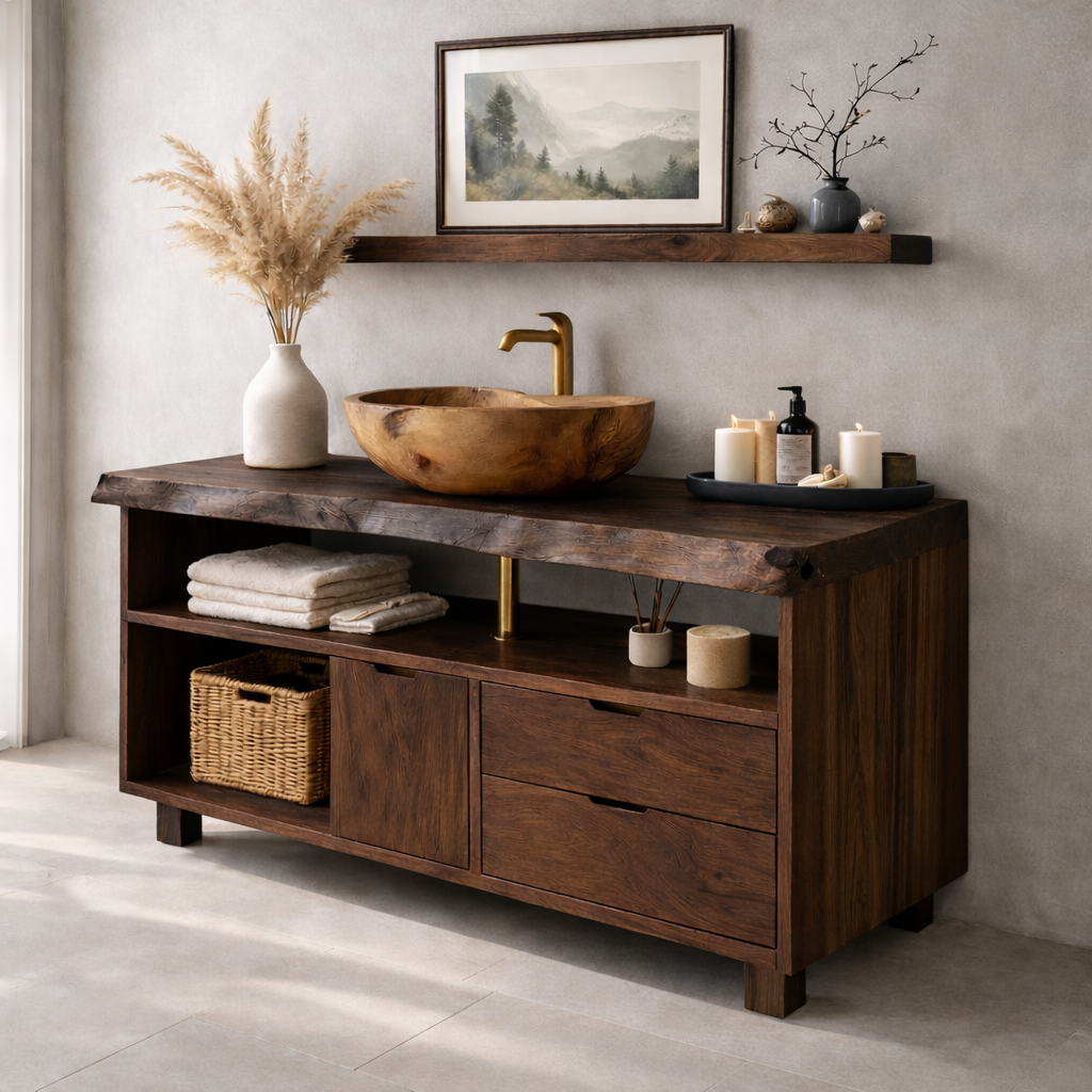 Solid Wood Bathroom Vanity with Live Edge Top & Open Shelf Storage