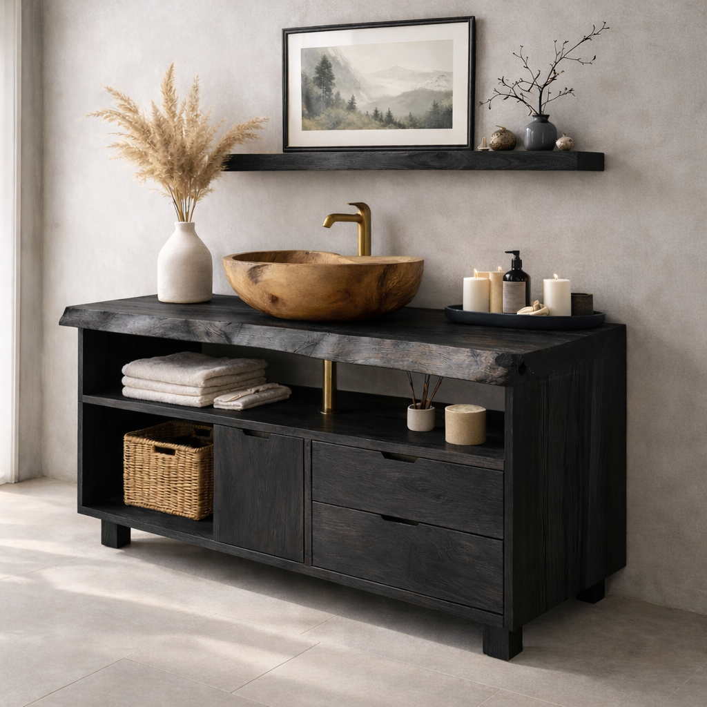 Solid Wood Bathroom Vanity with Live Edge Top & Open Shelf Storage