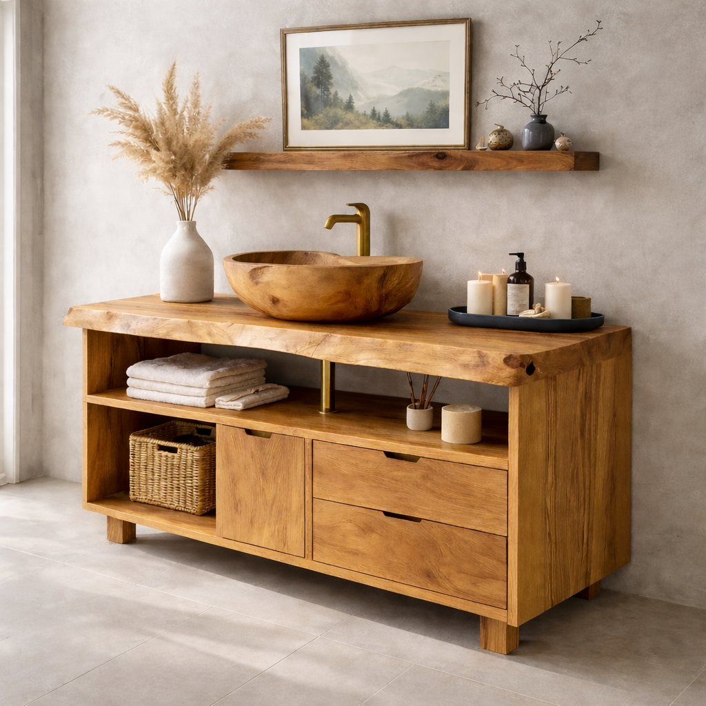 Solid Wood Bathroom Vanity with Live Edge Top & Open Shelf Storage