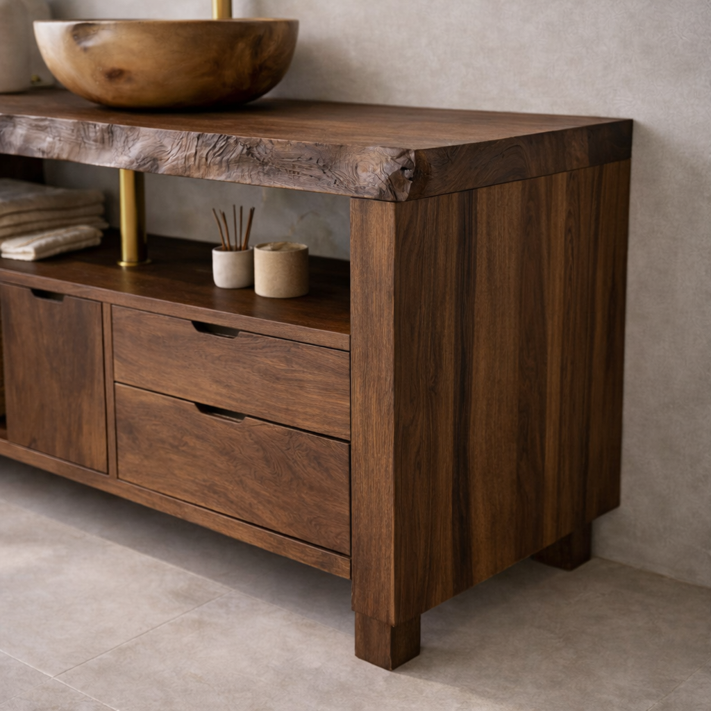 Solid Wood Bathroom Vanity with Live Edge Top & Open Shelf Storage