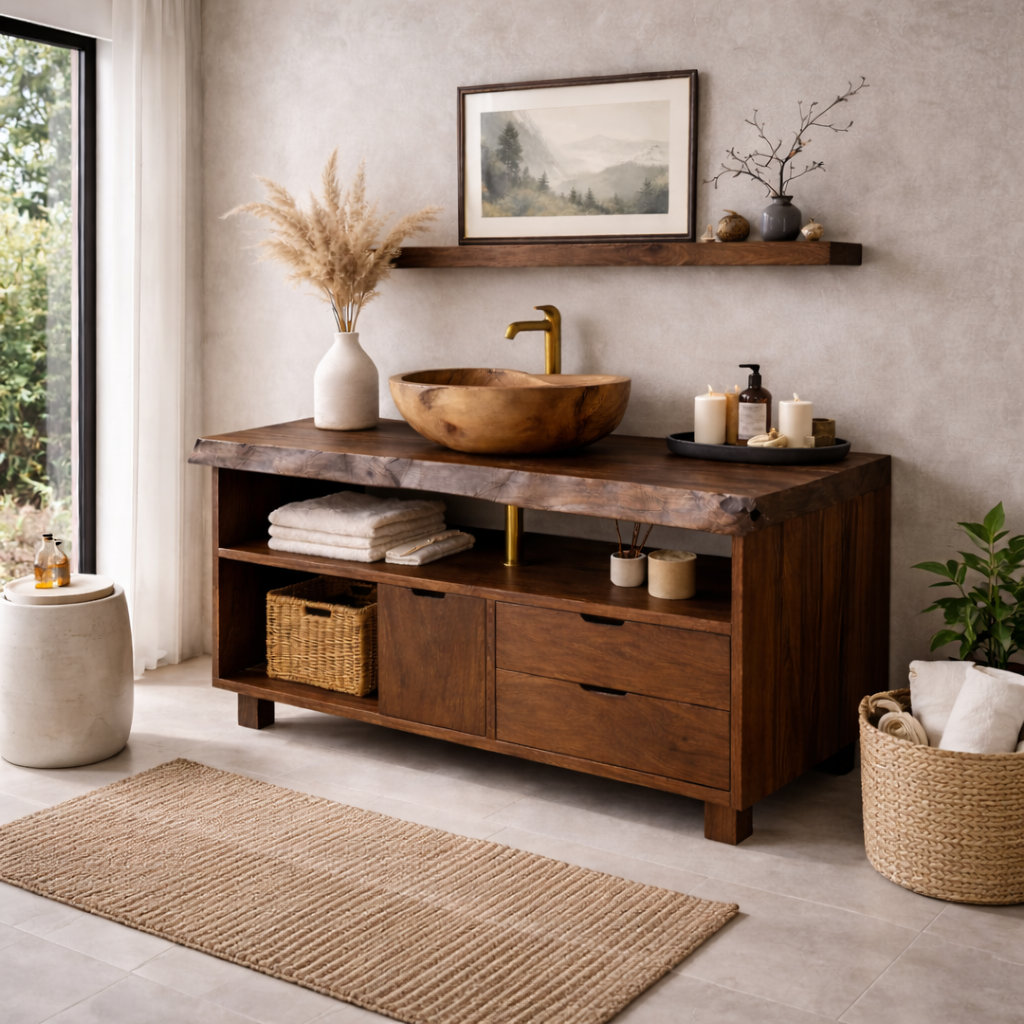 Solid Wood Bathroom Vanity with Live Edge Top & Open Shelf Storage
