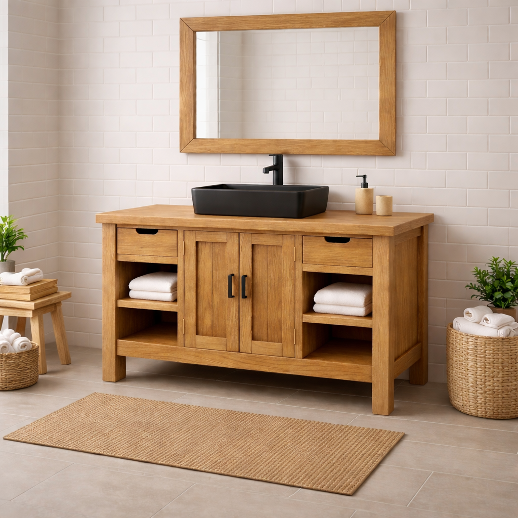 Solid Wood Bathroom Vanity with Drawers, Cabinet & Open Shelf Storage