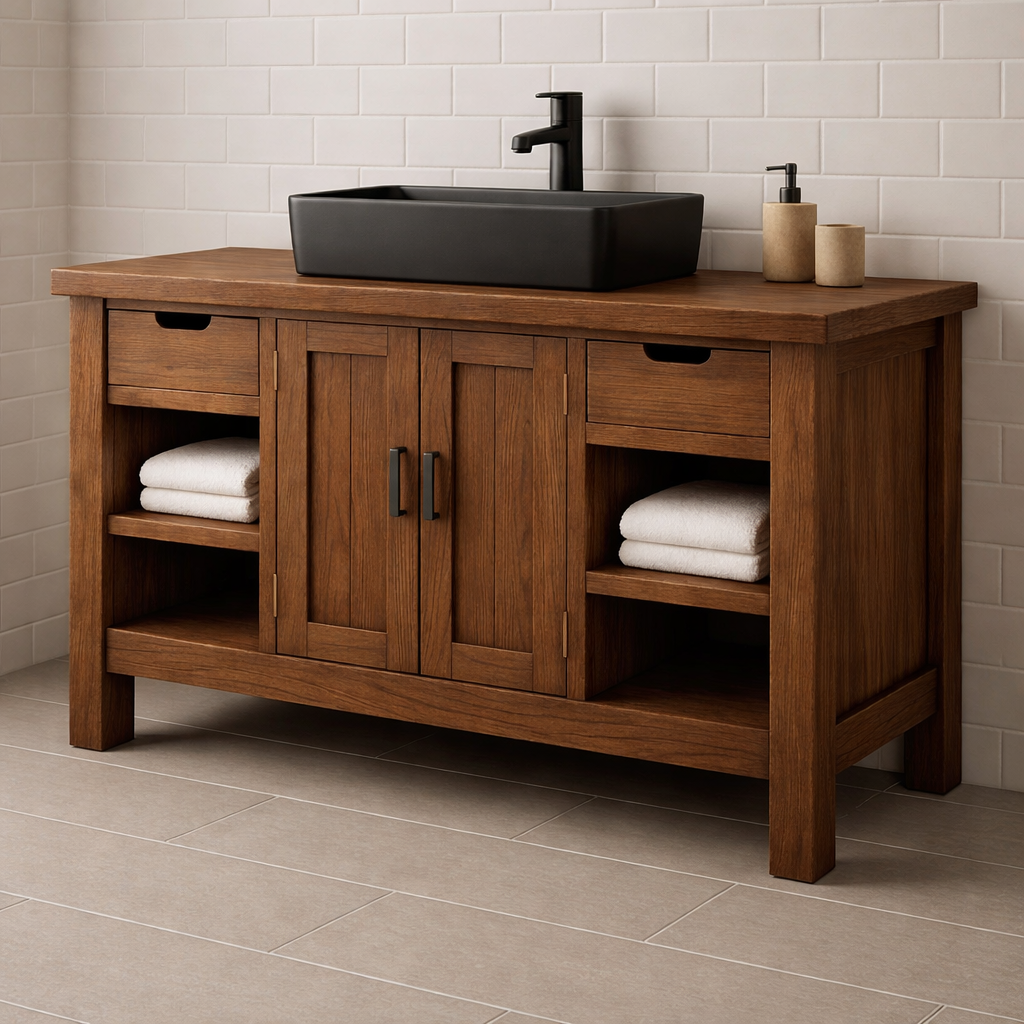 Solid Wood Bathroom Vanity with Drawers, Cabinet & Open Shelf Storage