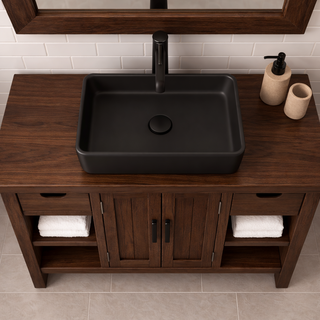 Solid Wood Bathroom Vanity with Drawers, Cabinet & Open Shelf Storage