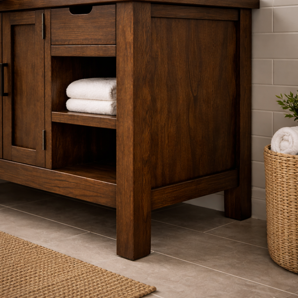 Solid Wood Bathroom Vanity with Drawers, Cabinet & Open Shelf Storage