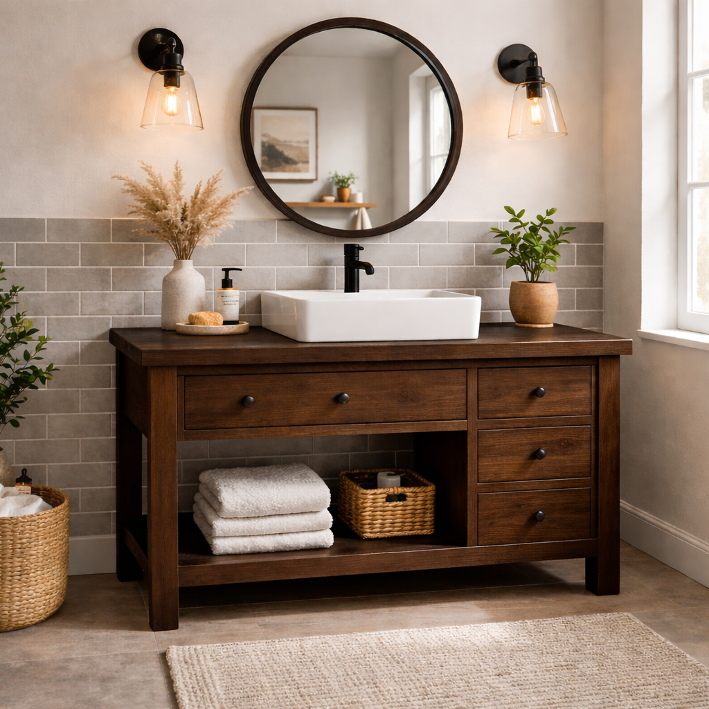 Solid Wood Bathroom Vanity with Drawers & Open Shelf Storage