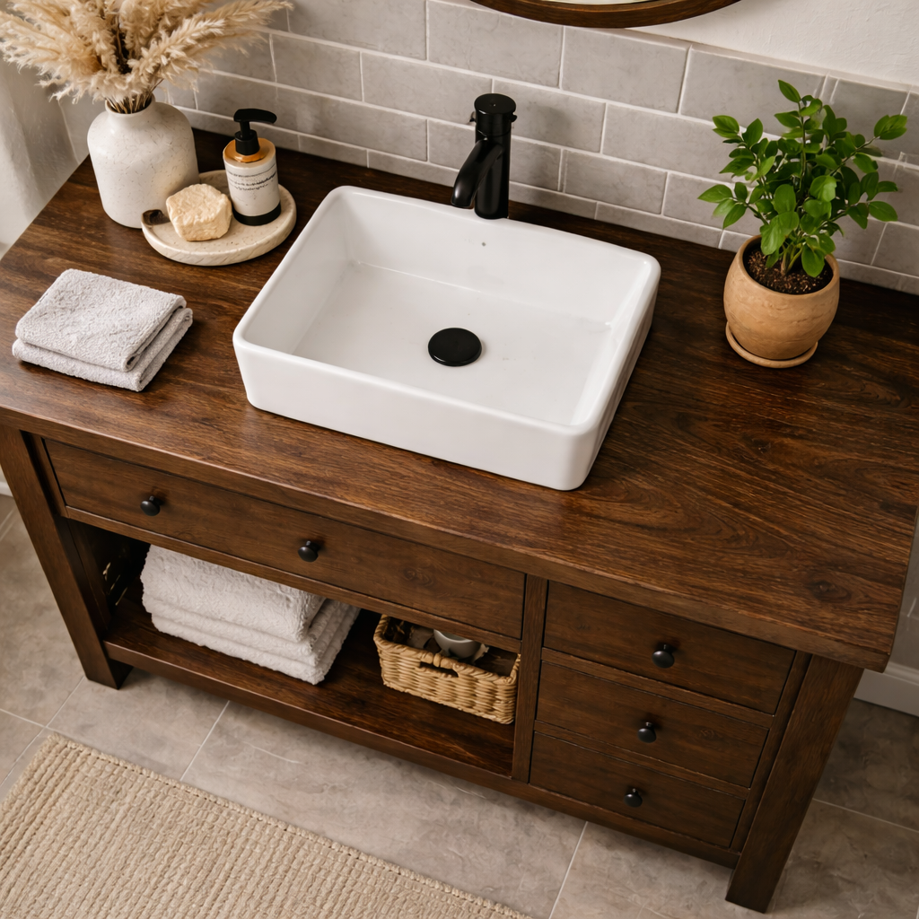 Solid Wood Bathroom Vanity with Drawers & Open Shelf Storage