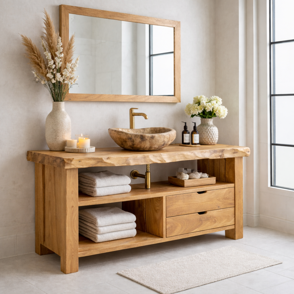 Solid Wood Bathroom Vanity with Live Edge Top & 2 Drawers