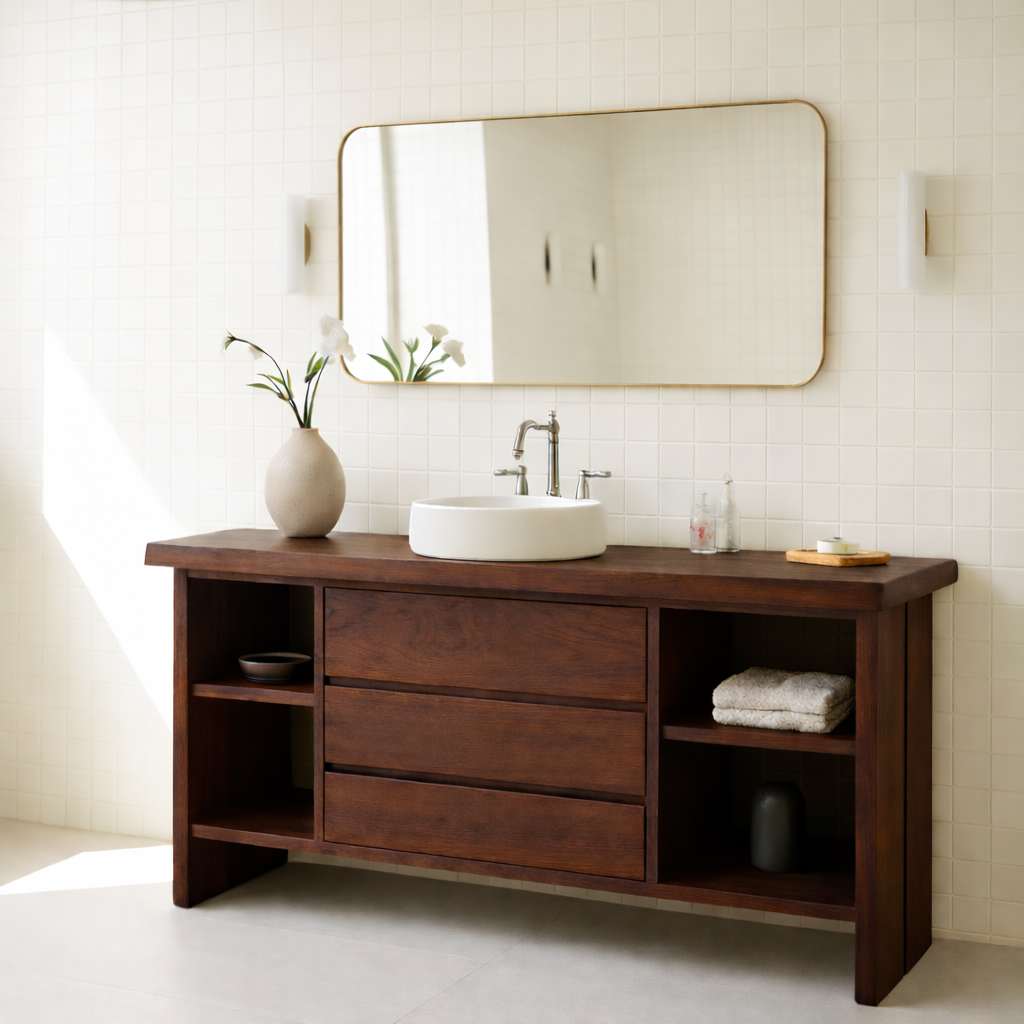 Solid Wood Bathroom Vanity with 3 Drawers & Open Shelf Storage