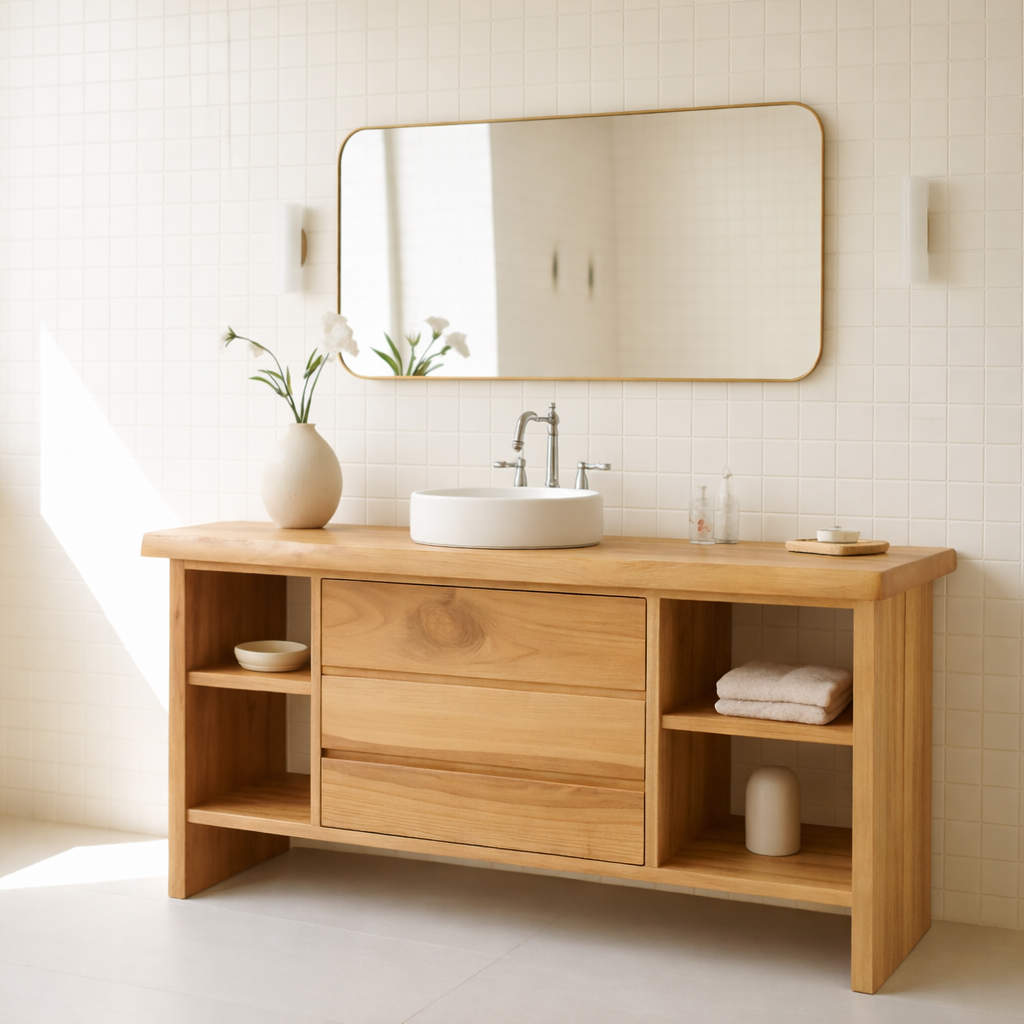 Solid Wood Bathroom Vanity with 3 Drawers & Open Shelf Storage