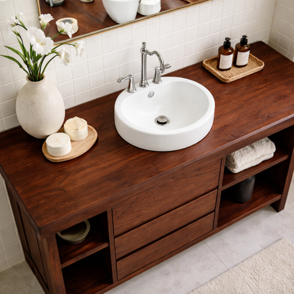 Solid Wood Bathroom Vanity with 3 Drawers & Open Shelf Storage