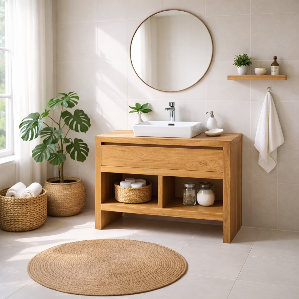 Solid Wood Bathroom Vanity with Drawer & Open Shelf Storage