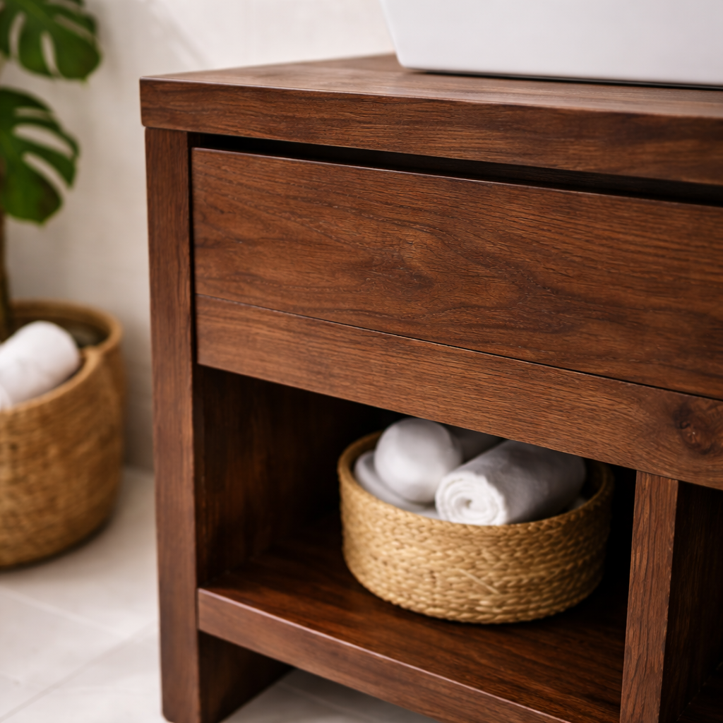 Solid Wood Bathroom Vanity with Drawer & Open Shelf Storage
