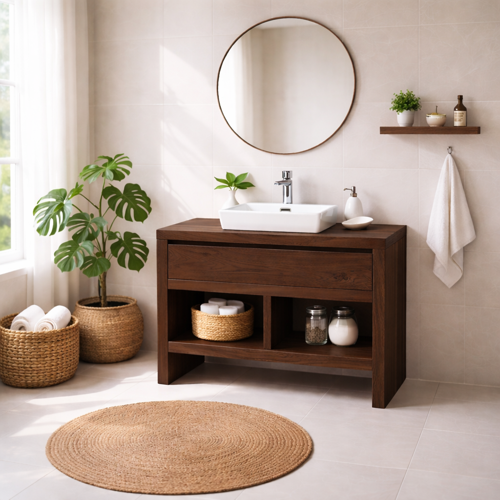 Solid Wood Bathroom Vanity with Drawer & Open Shelf Storage