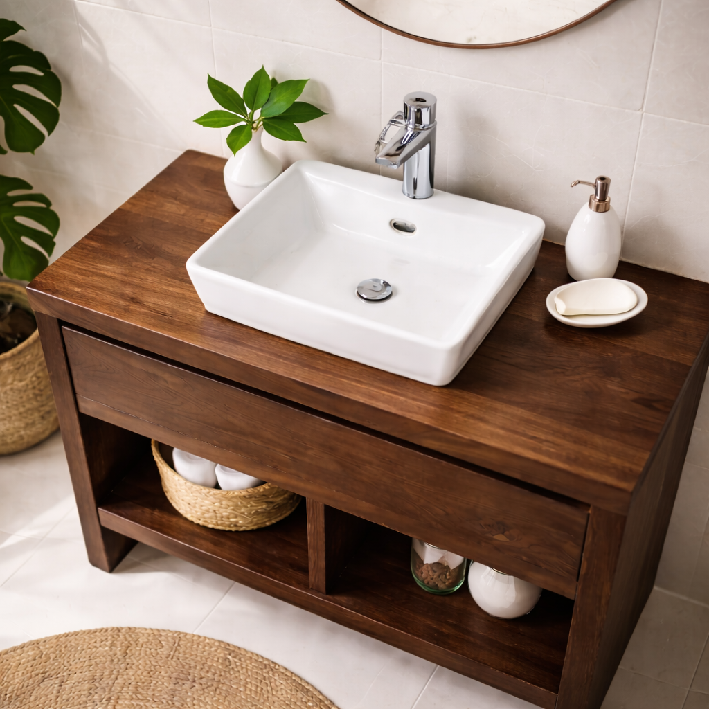 Solid Wood Bathroom Vanity with Drawer & Open Shelf Storage