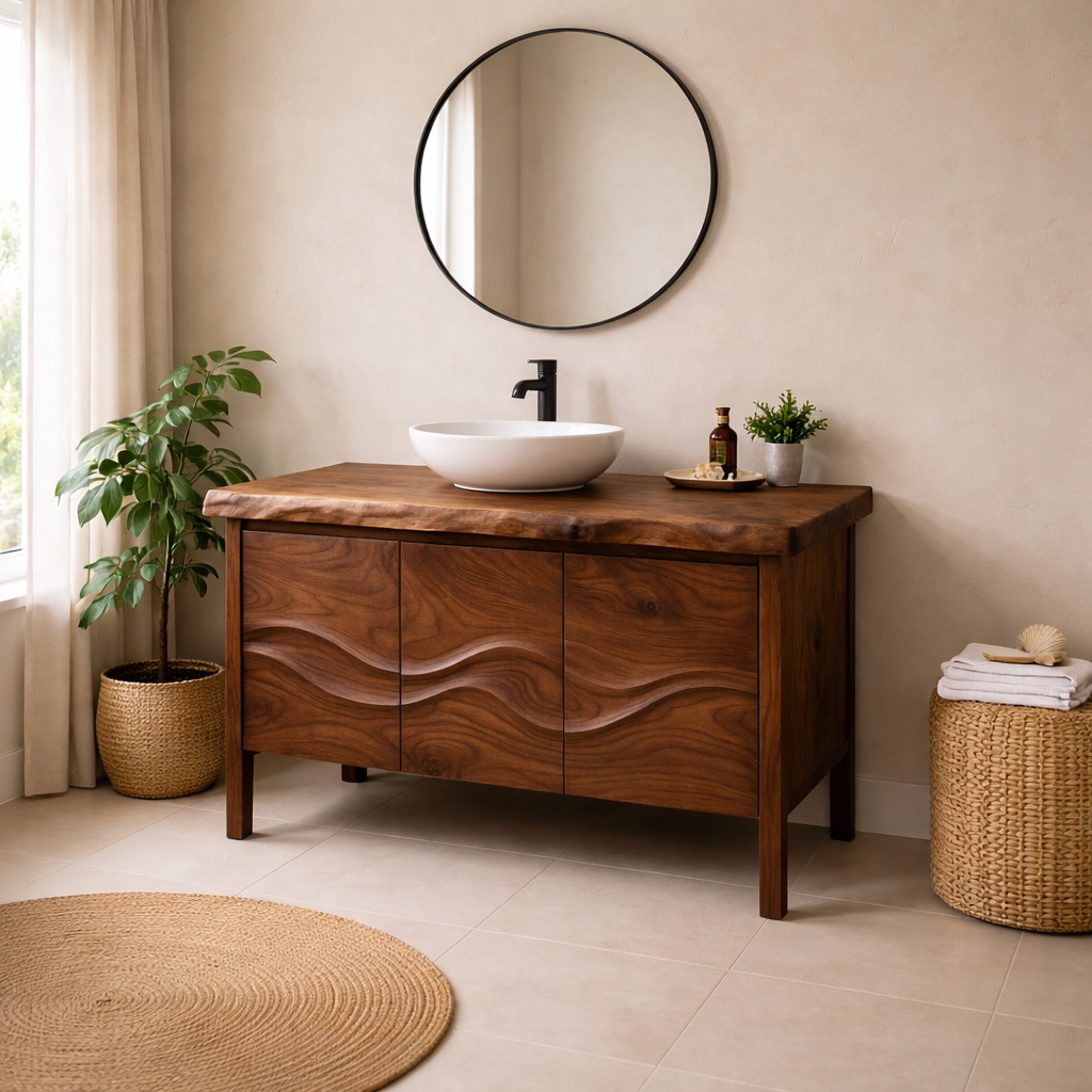 Solid Wood Bathroom Vanity with Sculpted Wave Front & Live Edge Top