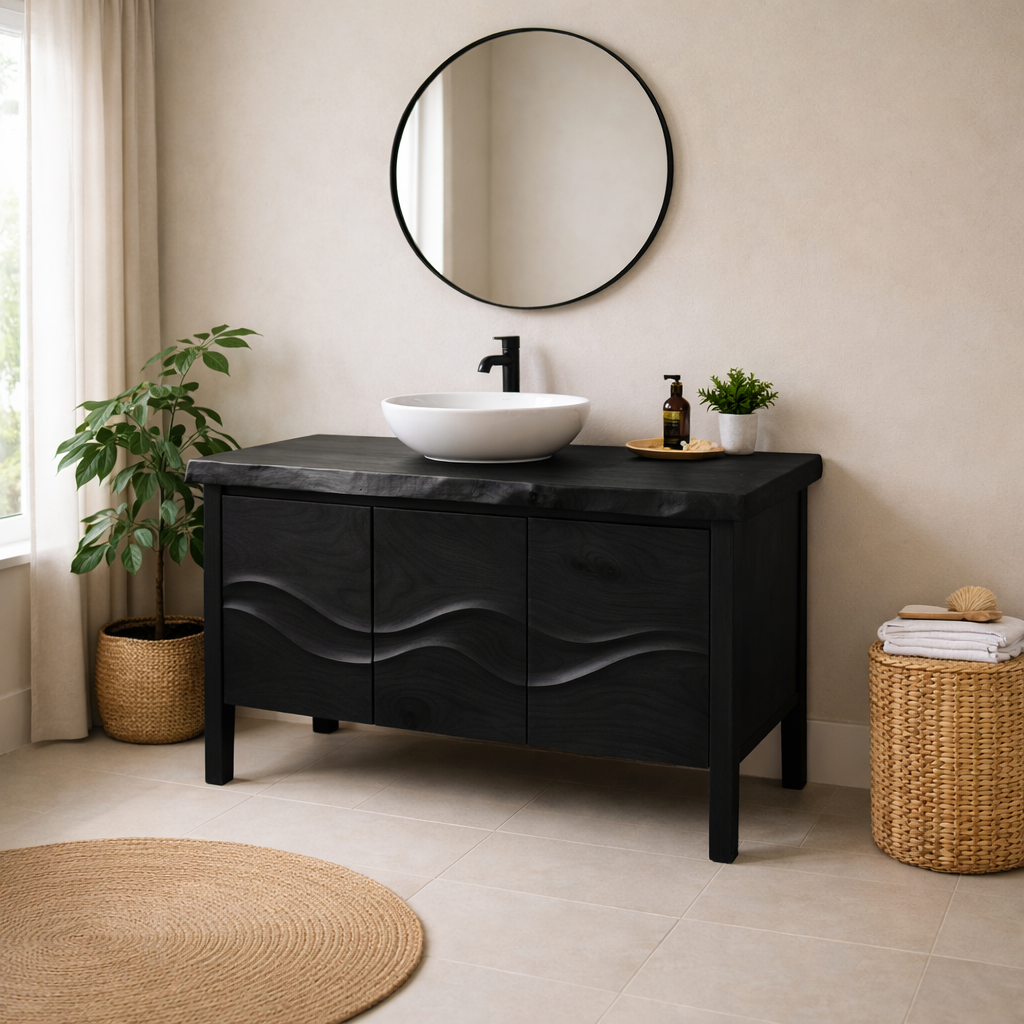 Solid Wood Bathroom Vanity with Sculpted Wave Front & Live Edge Top