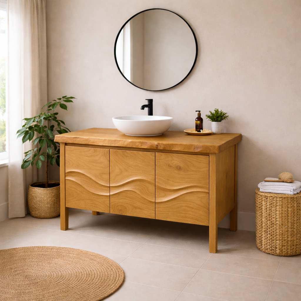 Solid Wood Bathroom Vanity with Sculpted Wave Front & Live Edge Top